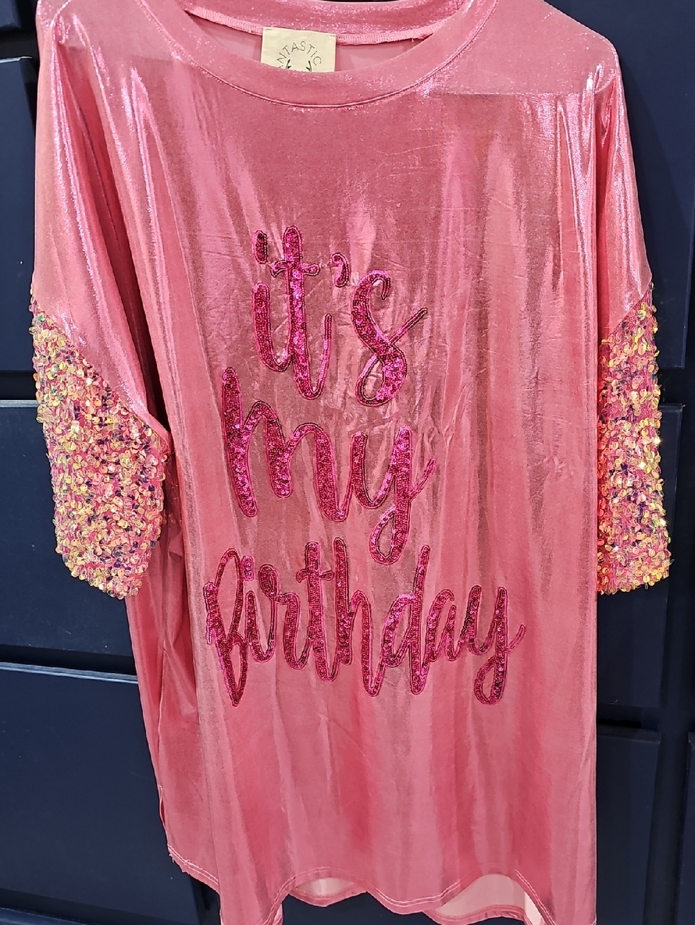 Fantastic Fawn Pink Velvet 'It's My Birthday' Sequin Sleeve Top